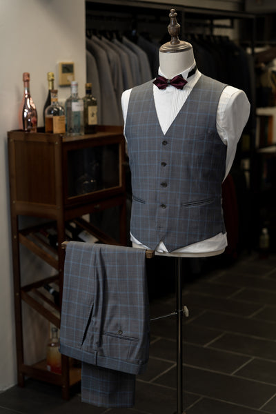 Grey Checkered With Notch Lapel Suits