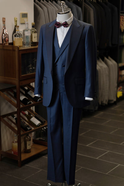 Navy Checkered Tuxedo With Dark Blue Peak Lapel