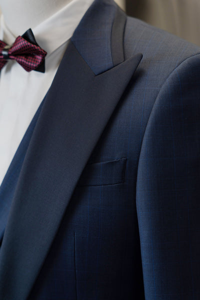 Navy Checkered Tuxedo With Dark Blue Peak Lapel