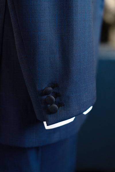 Navy Checkered Tuxedo With Dark Blue Peak Lapel