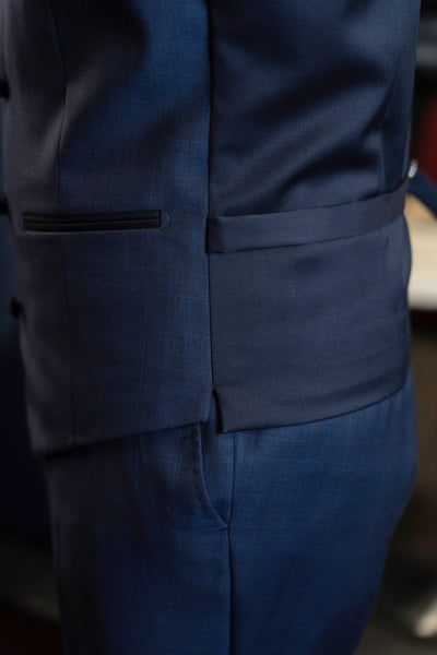 Navy Checkered Tuxedo With Dark Blue Peak Lapel