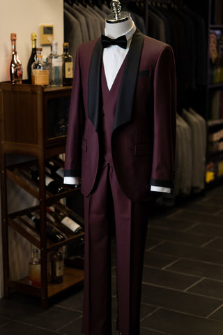 Burgundy Tuxedo With Black Shawl Lapels