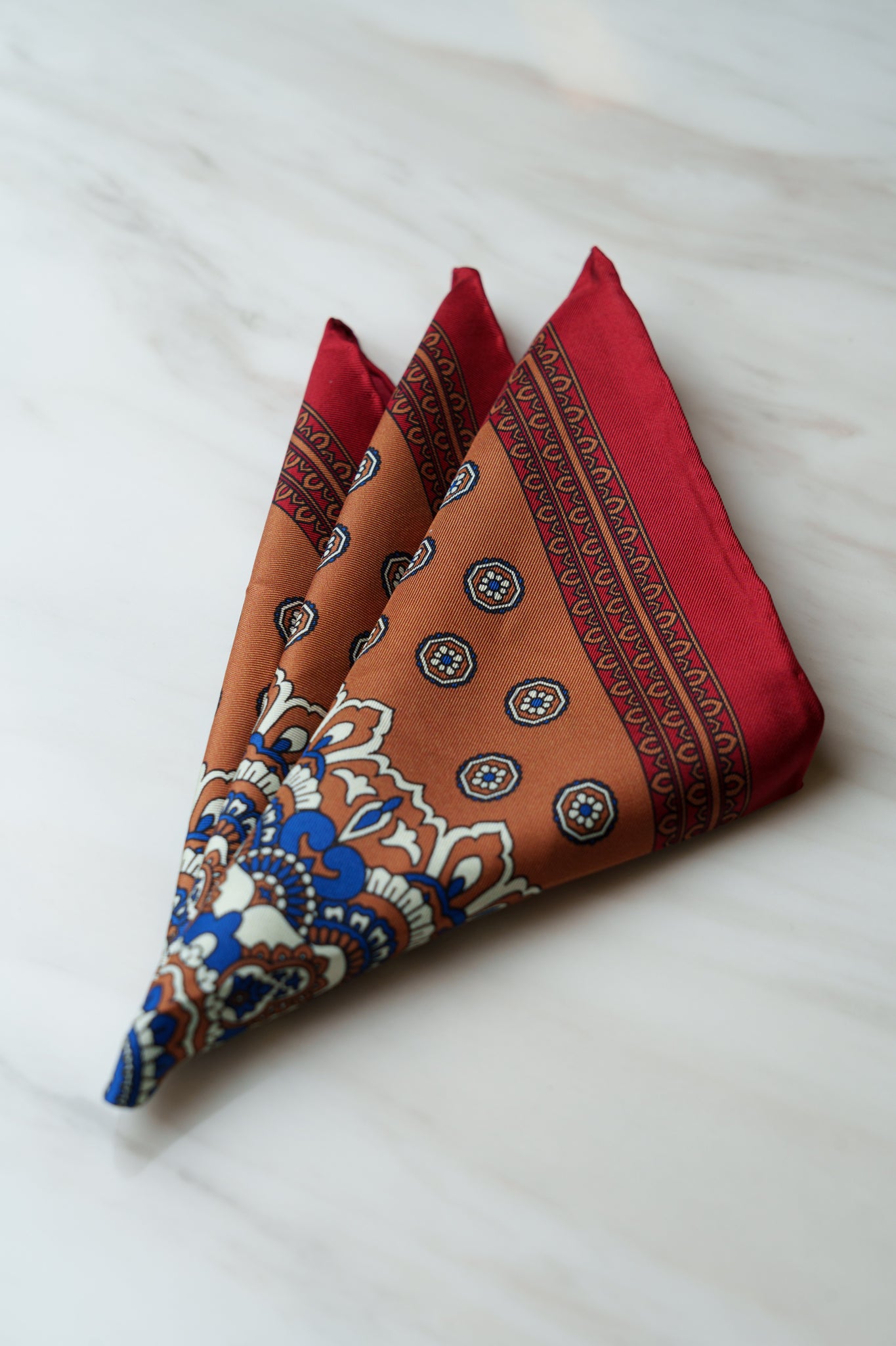 PS053BNRD Brown Floral Pocket Squares With Red Border