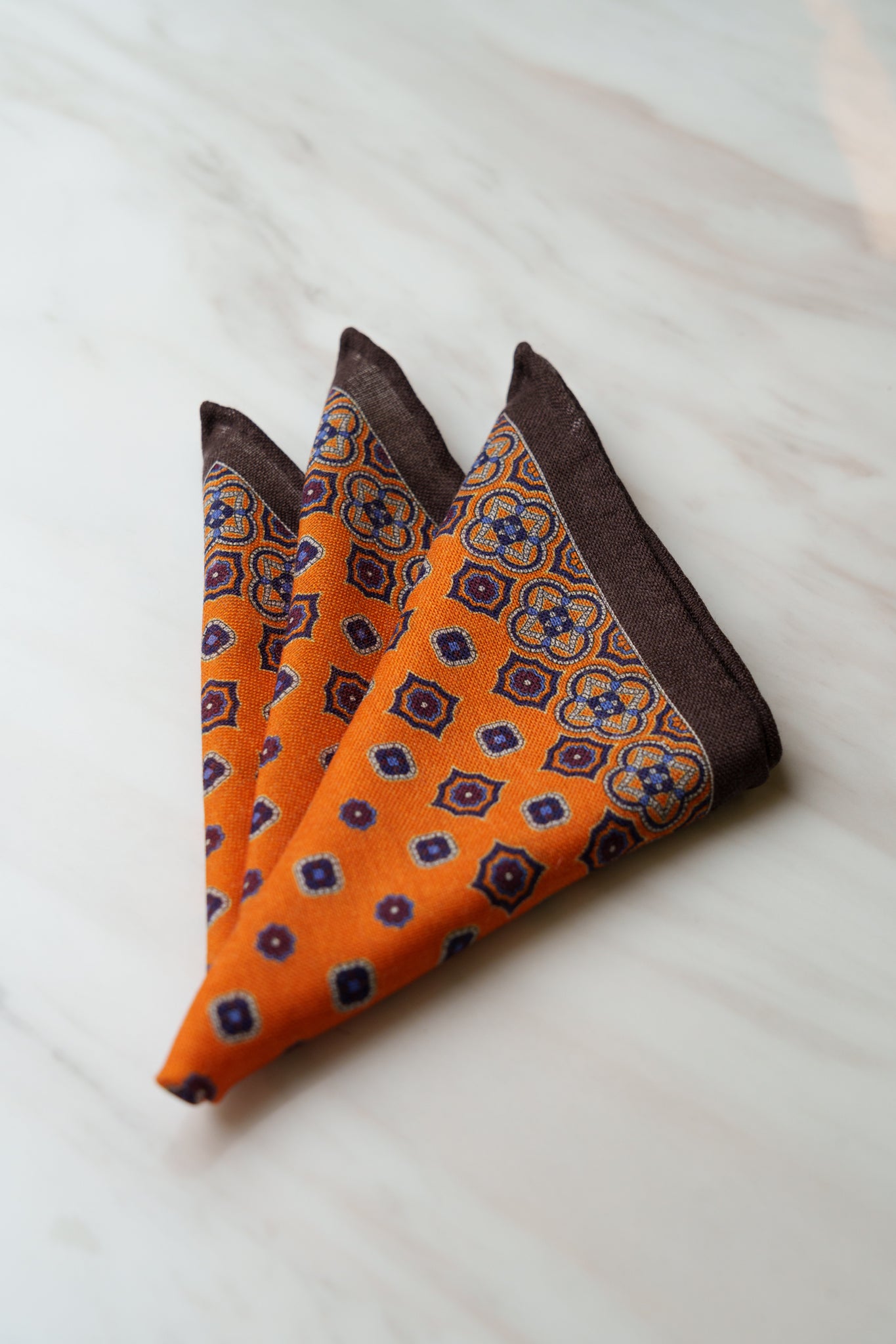 PS054ORBN Orange Floral Pocket Squares With Brown Border