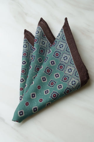 PS056GNBN Lake Green Floral Pocket Squares With Brown Border