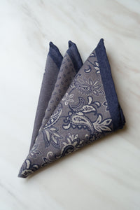 PS058GYBU Grey Paisley Pocket Squares With Blue Border