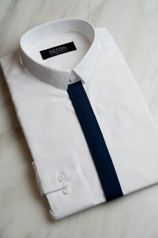 Short Point Collar White Shirt With Navy Hidden placket