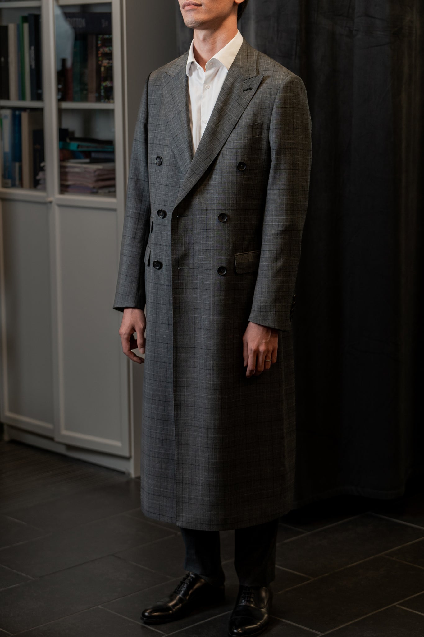 Grey Checkered Double-breasted Overcoat by Customize