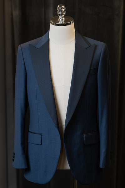 Navy Checkered Tuxedo With Dark Blue Peak Lapel