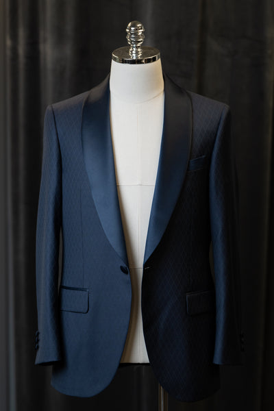 Dark Blue Rhombus With Black Velvet Shawl Lapel Suit