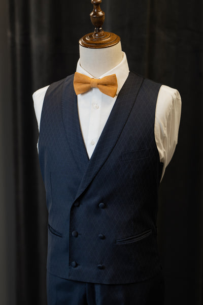 Dark Blue Rhombus With Black Velvet Shawl Lapel Suit