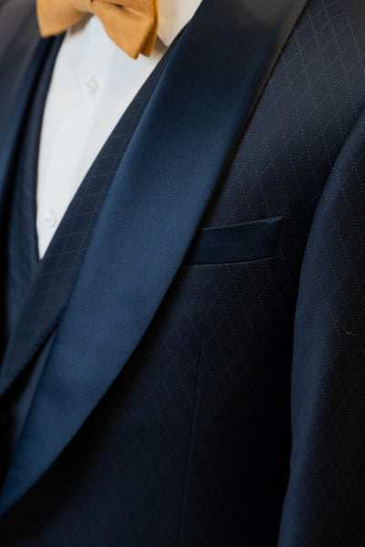 Dark Blue Rhombus With Black Velvet Shawl Lapel Suit