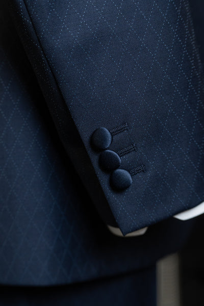 Dark Blue Rhombus With Black Velvet Shawl Lapel Suit