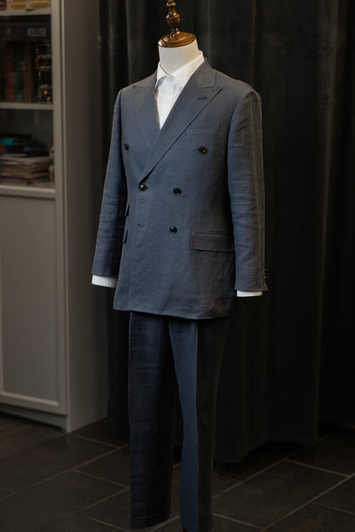 Grey Blue Linen Double-breasted Suit