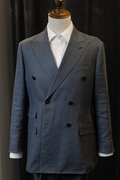 Grey Blue Linen Double-breasted Suit