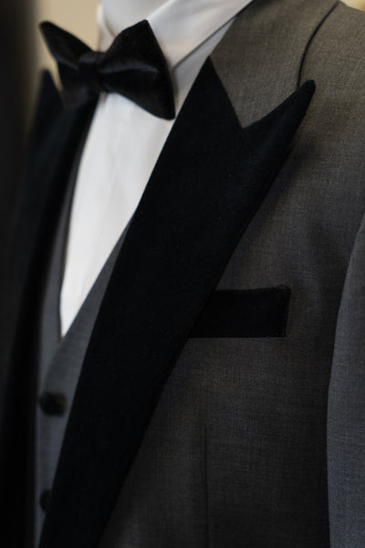 Dark Grey Tuxedo With Black Velvet Peak Lapels Suit