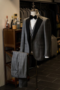 Light Grey Checkered With Black Notch Lapel Suit