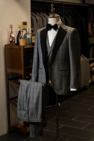 Light Grey Checkered With Black Notch Lapel Suit