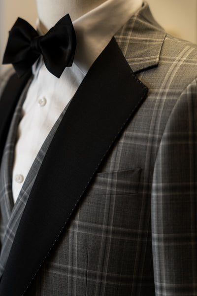 Light Grey Checkered With Black Notch Lapel Suit
