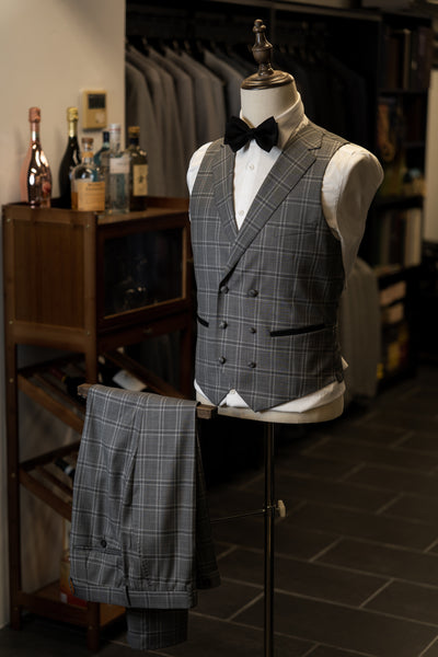 Light Grey Checkered With Black Notch Lapel Suit