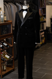 Black Velvet Double Breasted Tuxedo With Black Satin Peak Lapel