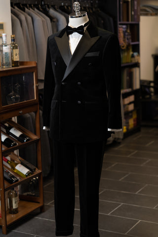 Black Velvet Double Breasted Tuxedo With Black Satin Peak Lapel