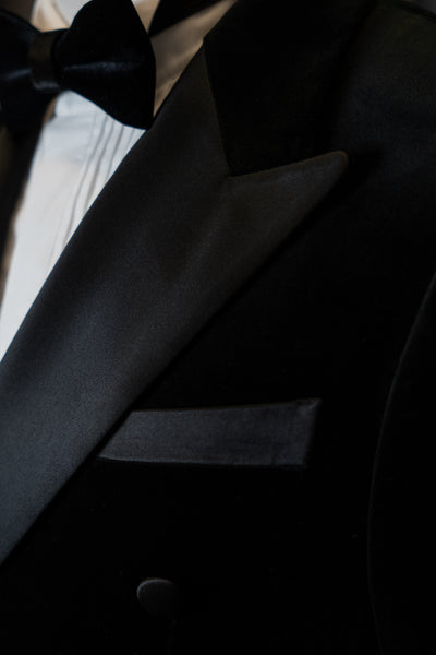 Black Velvet Double Breasted Tuxedo With Black Satin Peak Lapel