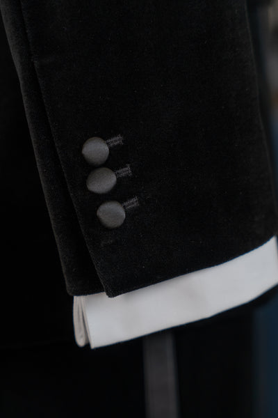 Black Velvet Double Breasted Tuxedo With Black Satin Peak Lapel