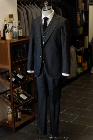 Navy Denim Suit With White Stitching