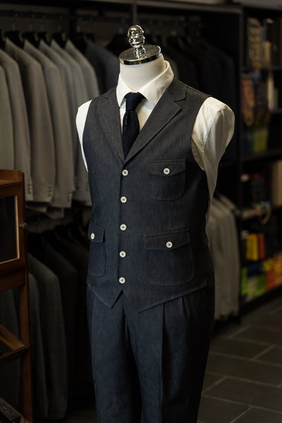 Navy Denim Suit With White Stitching
