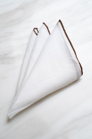 PS008WTBR White Linen Pocket Square With Dark Brown Border