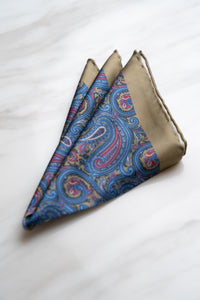 PS024BU Blue Paisley Pocket Squares With Light Brown Border