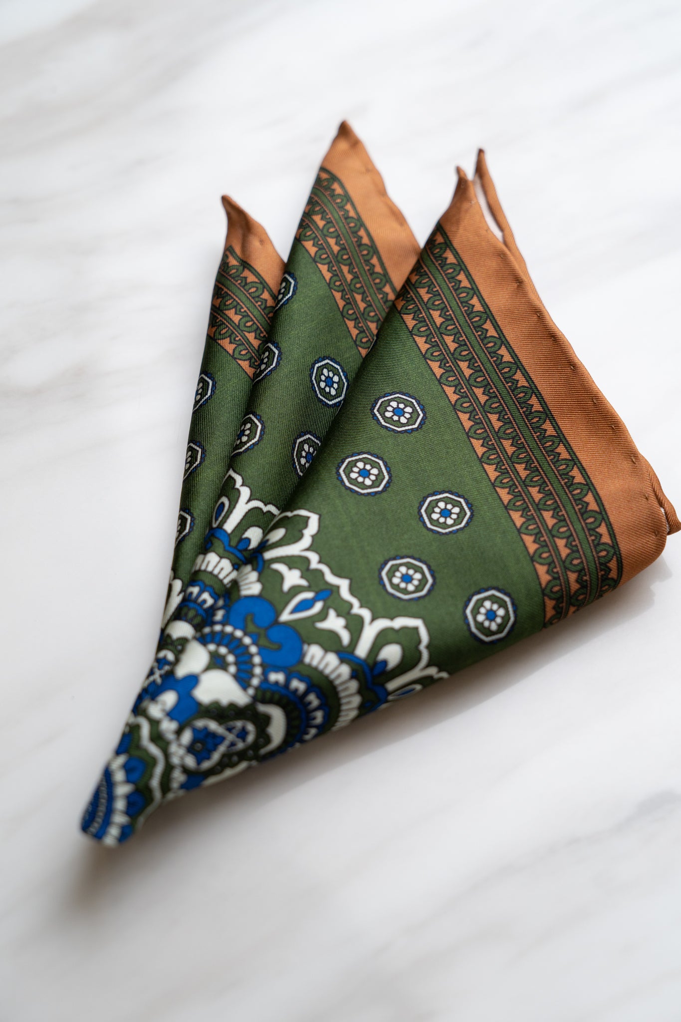 PS026GN Olive Green Floral Pocket Squares With Brown Border