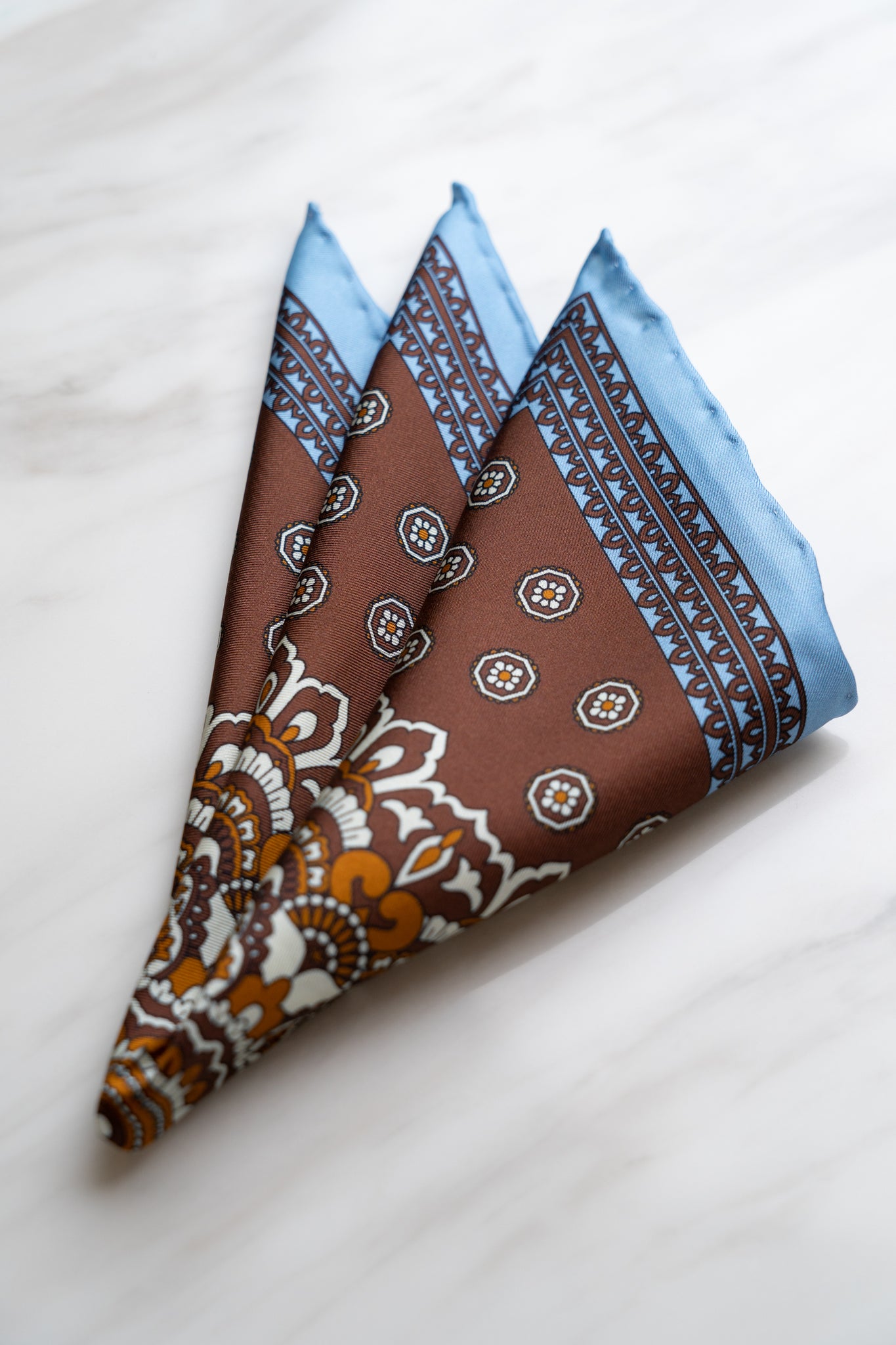 PS028BR Brown Floral Pocket Squares With Sky Blue Border