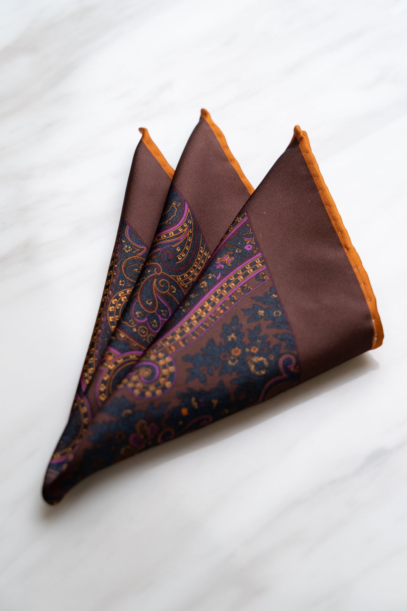 PS030BR Dark Brown Floral Pocket Squares With Orange Border