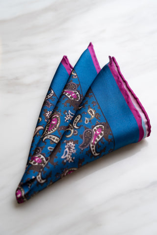 PS033BU Petrol Blue Paisley Pocket Squraes With Magenta Border