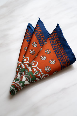 PS046OR Orange Floral Pocket Squares With Blue Border