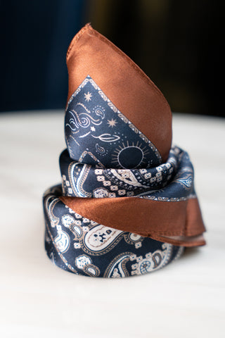 Navy Blue Paisley Silk Scarf With Brown Border