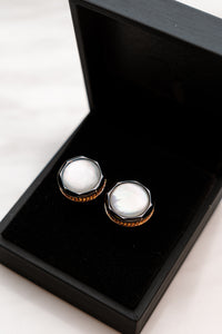 CL008WT White Shell Cufflink With Black & Gold Border