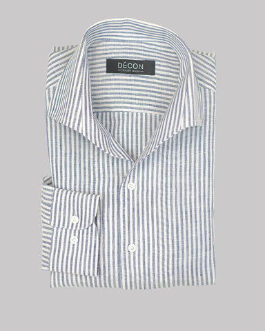 White/Blue Striped 100% 60 Lea Linen Shirt